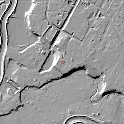 Shaded relief map of the ground around M202AA, computed from Environment Agency LiDAR. The ground here sits at about 35 m above sea level and falls 11 m across the surrounding 800 m. Surface water reaching this point runs off ground lying to the east, 1.7 m higher.