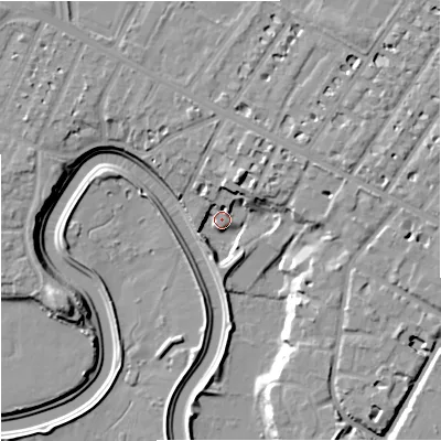 Shaded relief map of the ground around M202AH, computed from Environment Agency LiDAR. The ground here sits at about 28 m above sea level and falls 12 m across the surrounding 800 m. Surface water reaching this point runs off ground lying to the north-north-east, 9.4 m higher.