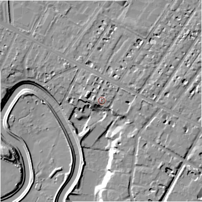 Shaded relief map of the ground around M202BG, computed from Environment Agency LiDAR. The ground here sits at about 34 m above sea level and falls 12 m across the surrounding 800 m. Surface water reaching this point runs off ground lying to the west-north-west, 1.4 m higher.