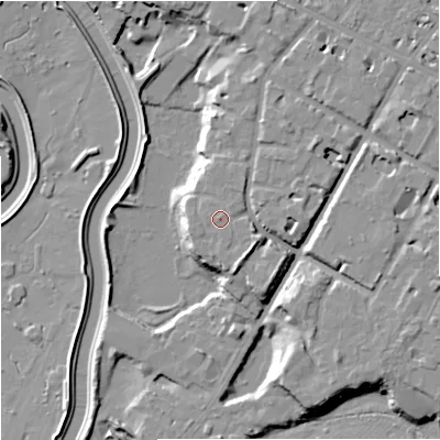 Shaded relief map of the ground around M202GB, computed from Environment Agency LiDAR. The ground here sits at about 34 m above sea level and falls 12 m across the surrounding 800 m. The ground contributing surface water to this point lies to the south-west.