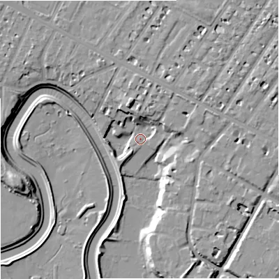 Shaded relief map of the ground around M202PF, computed from Environment Agency LiDAR. The ground here sits at about 29 m above sea level and falls 12 m across the surrounding 800 m. Surface water reaching this point runs off ground lying to the east-north-east, 6.6 m higher.