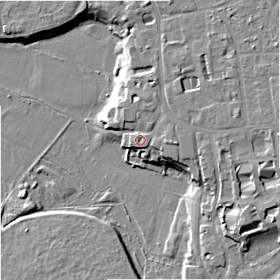 Shaded relief map of the ground around M202RQ, computed from Environment Agency LiDAR. The ground here sits at about 36 m above sea level and falls 12 m across the surrounding 800 m. Surface water reaching this point runs off ground lying to the east, 3.0 m higher.