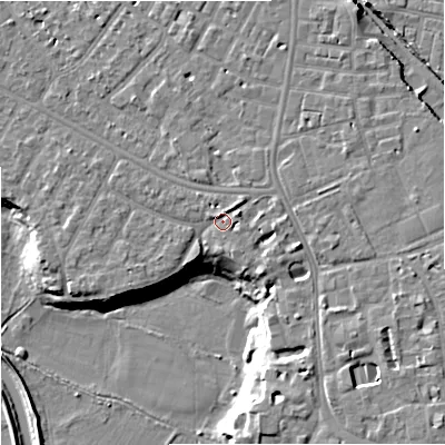 Shaded relief map of the ground around M202RU, computed from Environment Agency LiDAR. The ground here sits at about 35 m above sea level and falls 11 m across the surrounding 800 m. Surface water reaching this point runs off ground lying to the east-north-east, 2.2 m higher.