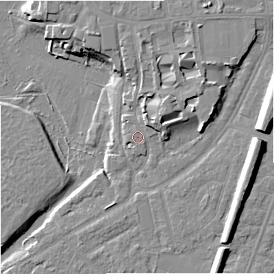Shaded relief map of the ground around M202SB, computed from Environment Agency LiDAR. The ground here sits at about 34 m above sea level and falls 15 m across the surrounding 800 m. Surface water reaching this point runs off ground lying to the north-east, 4.0 m higher.