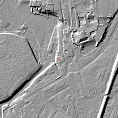 Shaded relief map of the ground around M202SD, computed from Environment Agency LiDAR. The ground here sits at about 33 m above sea level and falls 14 m across the surrounding 800 m. Surface water reaching this point runs off ground lying to the east, 10.5 m higher.