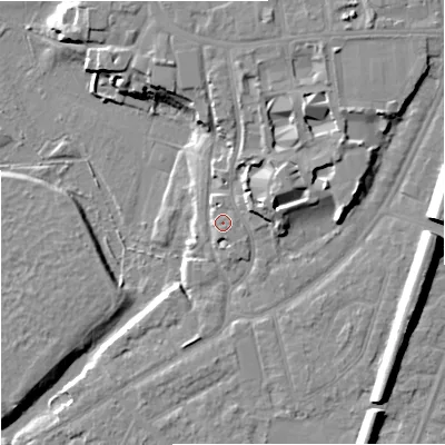 Shaded relief map of the ground around M202SW, computed from Environment Agency LiDAR. The ground here sits at about 34 m above sea level and falls 15 m across the surrounding 800 m. Surface water reaching this point runs off ground lying to the south-east, 1.9 m higher.