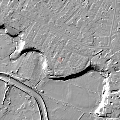 Shaded relief map of the ground around M202TH, computed from Environment Agency LiDAR. The ground here sits at about 36 m above sea level and falls 12 m across the surrounding 800 m. Surface water reaching this point runs off ground lying to the south-south-east, 0.6 m higher.