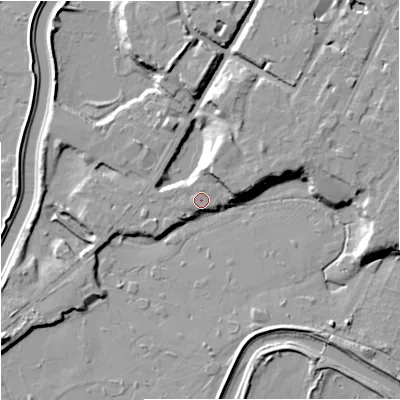 Shaded relief map of the ground around M202UD, computed from Environment Agency LiDAR. The ground here sits at about 30 m above sea level and falls 11 m across the surrounding 800 m. Surface water reaching this point runs off ground lying to the north-north-east, 5.7 m higher.