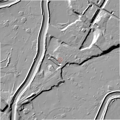 Shaded relief map of the ground around M202UE, computed from Environment Agency LiDAR. The ground here sits at about 29 m above sea level and falls 13 m across the surrounding 800 m. Surface water reaching this point runs off ground lying to the east, 4.1 m higher.