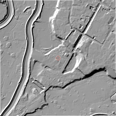 Shaded relief map of the ground around M202UF, computed from Environment Agency LiDAR. The ground here sits at about 29 m above sea level and falls 12 m across the surrounding 800 m. Surface water reaching this point runs off ground lying to the north-north-east, 7.8 m higher.