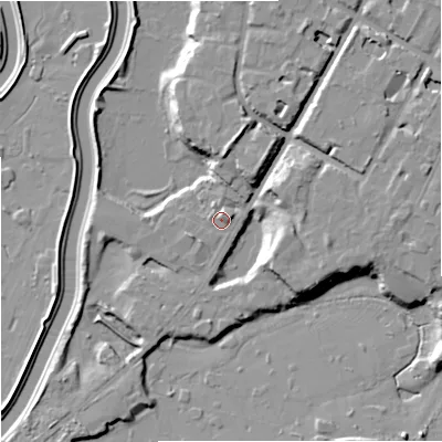 Shaded relief map of the ground around M202WF, computed from Environment Agency LiDAR. The ground here sits at about 30 m above sea level and falls 12 m across the surrounding 800 m. Surface water reaching this point runs off ground lying to the north, 7.8 m higher.