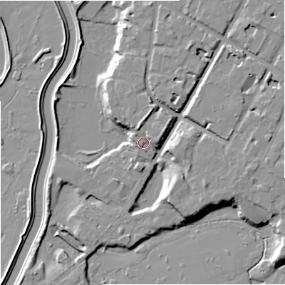 Shaded relief map of the ground around M202WG, computed from Environment Agency LiDAR. The ground here sits at about 32 m above sea level and falls 12 m across the surrounding 800 m. Surface water reaching this point runs off ground lying to the east, 3.6 m higher.