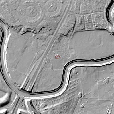 Shaded relief map of the ground around M202YH, computed from Environment Agency LiDAR. The ground here sits at about 28 m above sea level and falls 14 m across the surrounding 800 m. Surface water reaching this point runs off ground lying to the south-west, 3.1 m higher.