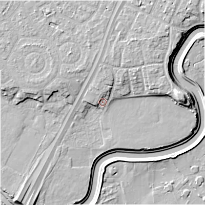 Shaded relief map of the ground around M202YJ, computed from Environment Agency LiDAR. The ground here sits at about 30 m above sea level and falls 13 m across the surrounding 800 m. Surface water reaching this point runs off ground lying to the north-north-east, 4.3 m higher.