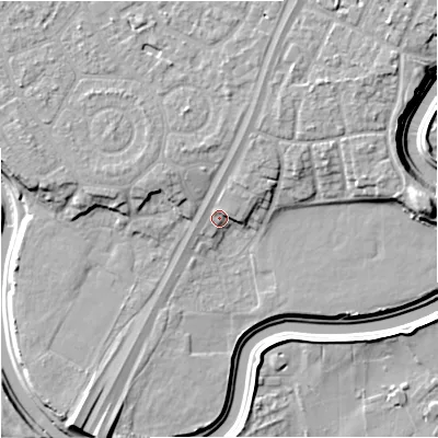 Shaded relief map of the ground around M202ZF, computed from Environment Agency LiDAR. The ground here sits at about 30 m above sea level and falls 13 m across the surrounding 800 m. Surface water reaching this point runs off ground lying to the north-north-east, 3.1 m higher.