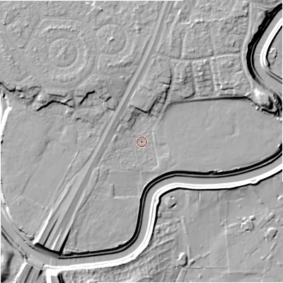 Shaded relief map of the ground around M202ZG, computed from Environment Agency LiDAR. The ground here sits at about 28 m above sea level and falls 13 m across the surrounding 800 m. Surface water reaching this point runs off ground lying to the east-north-east, 8.4 m higher.