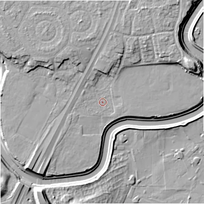 Shaded relief map of the ground around M202ZH, computed from Environment Agency LiDAR. The ground here sits at about 28 m above sea level and falls 13 m across the surrounding 800 m. Surface water reaching this point runs off ground lying to the east-north-east, 8.4 m higher.