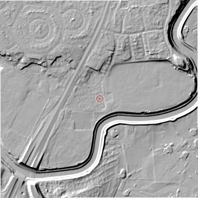 Shaded relief map of the ground around M202ZN, computed from Environment Agency LiDAR. The ground here sits at about 28 m above sea level and falls 13 m across the surrounding 800 m. Surface water reaching this point runs off ground lying to the east-north-east, 8.4 m higher.