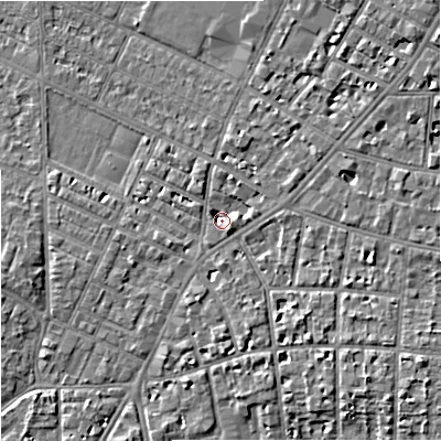 Shaded relief map of the ground around M203BD, computed from Environment Agency LiDAR. The ground here sits at about 34 m above sea level and falls 6 m across the surrounding 800 m. Surface water reaching this point runs off ground lying to the south-east, 3.1 m higher.