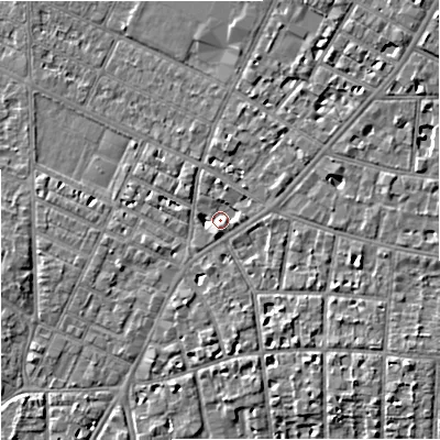 Shaded relief map of the ground around M203BN, computed from Environment Agency LiDAR. The ground here sits at about 35 m above sea level and falls 7 m across the surrounding 800 m. Surface water reaching this point runs off ground lying to the south-south-west, 3.1 m higher.