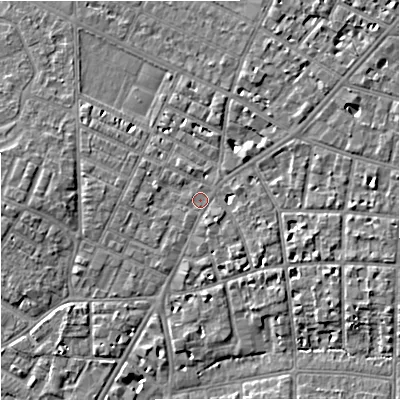 Shaded relief map of the ground around M203BW, computed from Environment Agency LiDAR. The ground here sits at about 36 m above sea level and falls 6 m across the surrounding 800 m. Surface water reaching this point runs off ground lying to the south-east, 1.9 m higher.