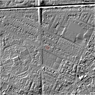 Shaded relief map of the ground around M203FQ, computed from Environment Agency LiDAR. The ground here sits at about 34 m above sea level and falls 6 m across the surrounding 800 m. Surface water reaching this point runs off ground lying to the south-south-west, 4.2 m higher.