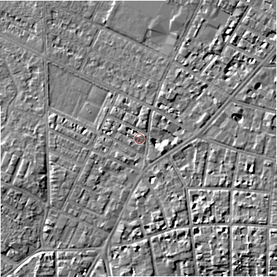 Shaded relief map of the ground around M203FU, computed from Environment Agency LiDAR. The ground here sits at about 35 m above sea level and falls 6 m across the surrounding 800 m. Surface water reaching this point runs off ground lying to the east-north-east, 0.7 m higher.