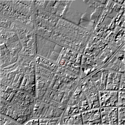 Shaded relief map of the ground around M203FW, computed from Environment Agency LiDAR. The ground here sits at about 35 m above sea level and falls 6 m across the surrounding 800 m. Surface water reaching this point runs off ground lying to the south-east, 4.5 m higher.
