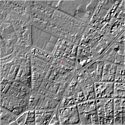 Shaded relief map of the ground around M203FX, computed from Environment Agency LiDAR. The ground here sits at about 35 m above sea level and falls 6 m across the surrounding 800 m. Surface water reaching this point runs off ground lying to the south-east, 4.1 m higher.