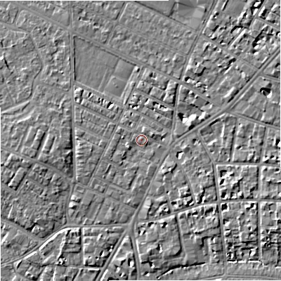 Shaded relief map of the ground around M203GA, computed from Environment Agency LiDAR. The ground here sits at about 36 m above sea level and falls 6 m across the surrounding 800 m. Surface water reaching this point runs off ground lying to the south-west, 1.2 m higher.