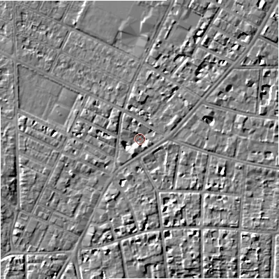 Shaded relief map of the ground around M203LU, computed from Environment Agency LiDAR. The ground here sits at about 34 m above sea level and falls 7 m across the surrounding 800 m. Surface water reaching this point runs off ground lying to the south-south-west, 3.1 m higher.