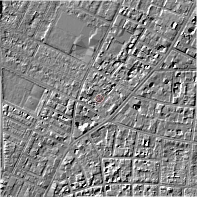 Shaded relief map of the ground around M203WA, computed from Environment Agency LiDAR. The ground here sits at about 35 m above sea level and falls 7 m across the surrounding 800 m. Surface water reaching this point runs off ground lying to the east, 2.0 m higher.