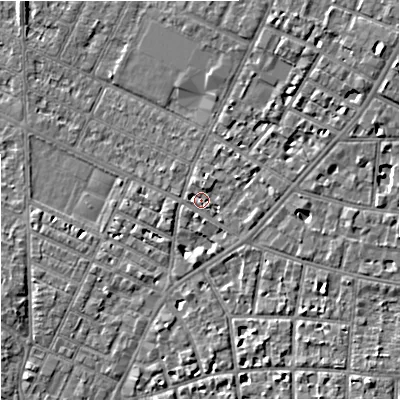 Shaded relief map of the ground around M203WB, computed from Environment Agency LiDAR. The ground here sits at about 35 m above sea level and falls 7 m across the surrounding 800 m. Surface water reaching this point runs off ground lying to the east, 2.3 m higher.
