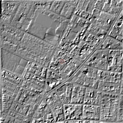Shaded relief map of the ground around M203WH, computed from Environment Agency LiDAR. The ground here sits at about 35 m above sea level and falls 7 m across the surrounding 800 m. Surface water reaching this point runs off ground lying to the east, 1.2 m higher.