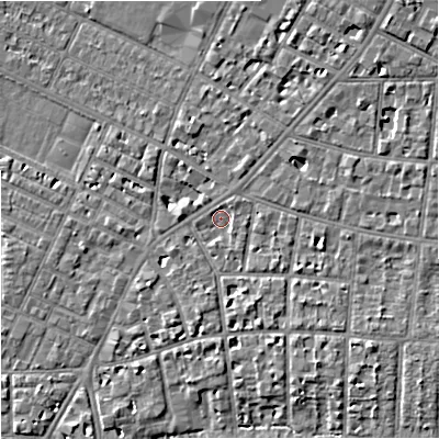 Shaded relief map of the ground around M204AE, computed from Environment Agency LiDAR. The ground here sits at about 35 m above sea level and falls 6 m across the surrounding 800 m. Surface water reaching this point runs off ground lying to the south-east, 4.4 m higher.