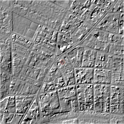 Shaded relief map of the ground around M204AF, computed from Environment Agency LiDAR. The ground here sits at about 36 m above sea level and falls 6 m across the surrounding 800 m. Surface water reaching this point runs off ground lying to the south, 1.0 m higher.