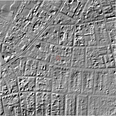 Shaded relief map of the ground around M204BB, computed from Environment Agency LiDAR. The ground here sits at about 37 m above sea level and falls 8 m across the surrounding 800 m. Surface water reaching this point runs off ground lying to the east-south-east, 1.4 m higher.