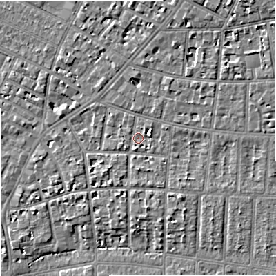 Shaded relief map of the ground around M204GA, computed from Environment Agency LiDAR. The ground here sits at about 36 m above sea level and falls 6 m across the surrounding 800 m. Surface water reaching this point runs off ground lying to the south-south-west, 1.9 m higher.