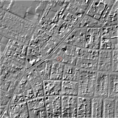 Shaded relief map of the ground around M204LZ, computed from Environment Agency LiDAR. The ground here sits at about 36 m above sea level and falls 7 m across the surrounding 800 m. Surface water reaching this point runs off ground lying to the south-east, 4.1 m higher.