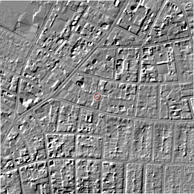 Shaded relief map of the ground around M204NA, computed from Environment Agency LiDAR. The ground here sits at about 36 m above sea level and falls 8 m across the surrounding 800 m. Surface water reaching this point runs off ground lying to the east, 1.8 m higher.