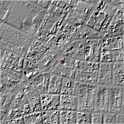 Shaded relief map of the ground around M204NB, computed from Environment Agency LiDAR. The ground here sits at about 35 m above sea level and falls 8 m across the surrounding 800 m. Surface water reaching this point runs off ground lying to the east, 3.5 m higher.
