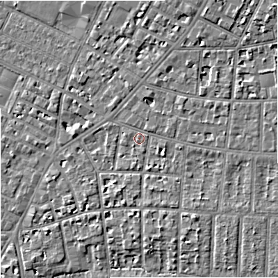 Shaded relief map of the ground around M204ND, computed from Environment Agency LiDAR. The ground here sits at about 36 m above sea level and falls 7 m across the surrounding 800 m. Surface water reaching this point runs off ground lying to the south-east, 4.1 m higher.