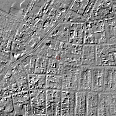 Shaded relief map of the ground around M204NE, computed from Environment Agency LiDAR. The ground here sits at about 37 m above sea level and falls 8 m across the surrounding 800 m. Surface water reaching this point runs off ground lying to the south-south-east, 2.8 m higher.