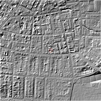 Shaded relief map of the ground around M204NF, computed from Environment Agency LiDAR. The ground here sits at about 37 m above sea level and falls 9 m across the surrounding 800 m. Surface water reaching this point runs off ground lying to the north-east, 2.5 m higher.