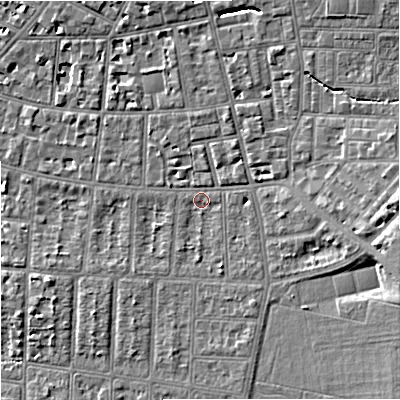 Shaded relief map of the ground around M204NH, computed from Environment Agency LiDAR. The ground here sits at about 38 m above sea level and falls 9 m across the surrounding 800 m. Surface water reaching this point runs off ground lying to the east, 6.7 m higher.
