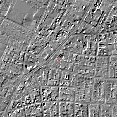 Shaded relief map of the ground around M204NN, computed from Environment Agency LiDAR. The ground here sits at about 36 m above sea level and falls 8 m across the surrounding 800 m. Surface water reaching this point runs off ground lying to the east, 3.5 m higher.