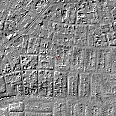 Shaded relief map of the ground around M204NQ, computed from Environment Agency LiDAR. The ground here sits at about 37 m above sea level and falls 6 m across the surrounding 800 m. Surface water reaching this point runs off ground lying to the south-east, 3.0 m higher.