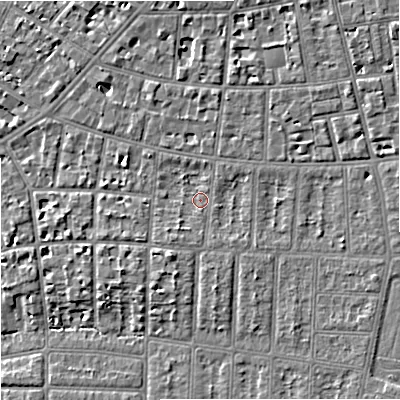 Shaded relief map of the ground around M204NS, computed from Environment Agency LiDAR. The ground here sits at about 37 m above sea level and falls 5 m across the surrounding 800 m. Surface water reaching this point runs off ground lying to the east-south-east, 2.9 m higher.