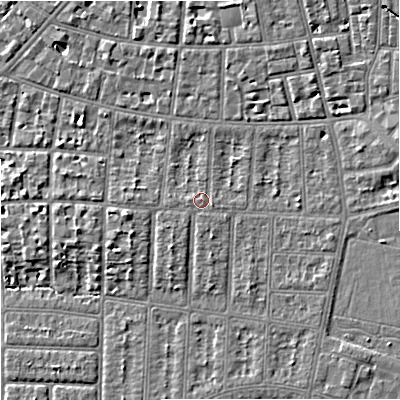 Shaded relief map of the ground around M204NU, computed from Environment Agency LiDAR. The ground here sits at about 38 m above sea level and falls 6 m across the surrounding 800 m. Surface water reaching this point runs off ground lying to the south-east, 1.9 m higher.