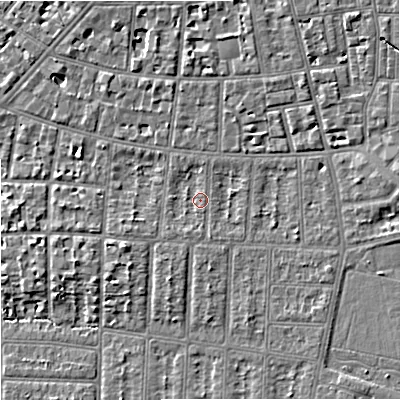Shaded relief map of the ground around M204NX, computed from Environment Agency LiDAR. The ground here sits at about 37 m above sea level and falls 6 m across the surrounding 800 m. Surface water reaching this point runs off ground lying to the east-south-east, 2.5 m higher.